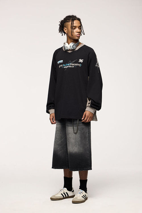 Patchwork Long Sleeve Tee - Active Black