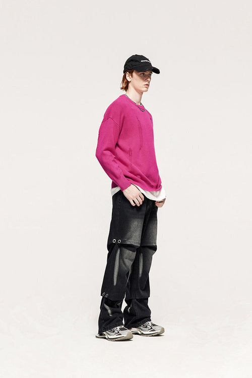 Distressed Washed Knit Sweater - Pink