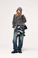 Distressed Washed Stretch-Knit Sweater in Dark Gray - full-length front modeled view