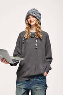Distressed Washed Stretch-Knit Sweater in Dark Gray - front modeled close-up