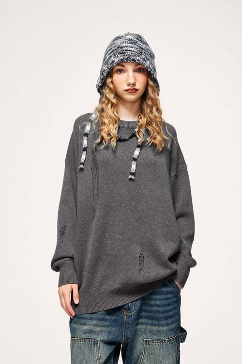Distressed Washed Stretch-Knit Sweater in Dark Gray - front modeled close-up