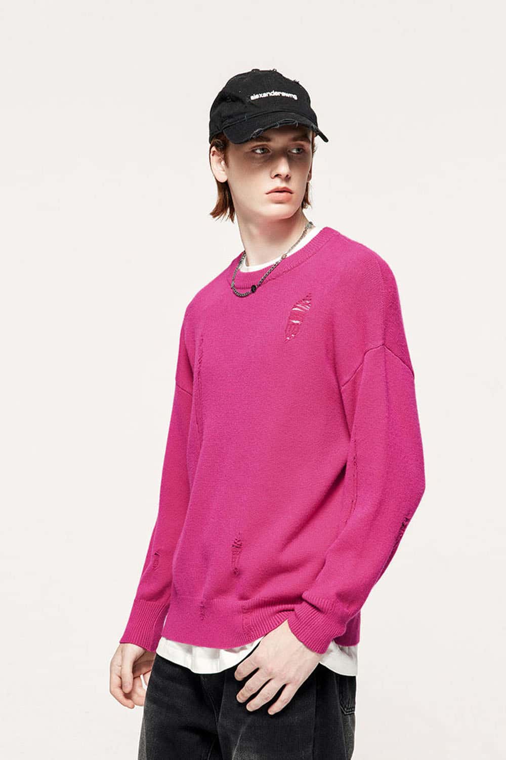 Distressed Washed Stretch-Knit Sweater in Pink - front modeled close-up