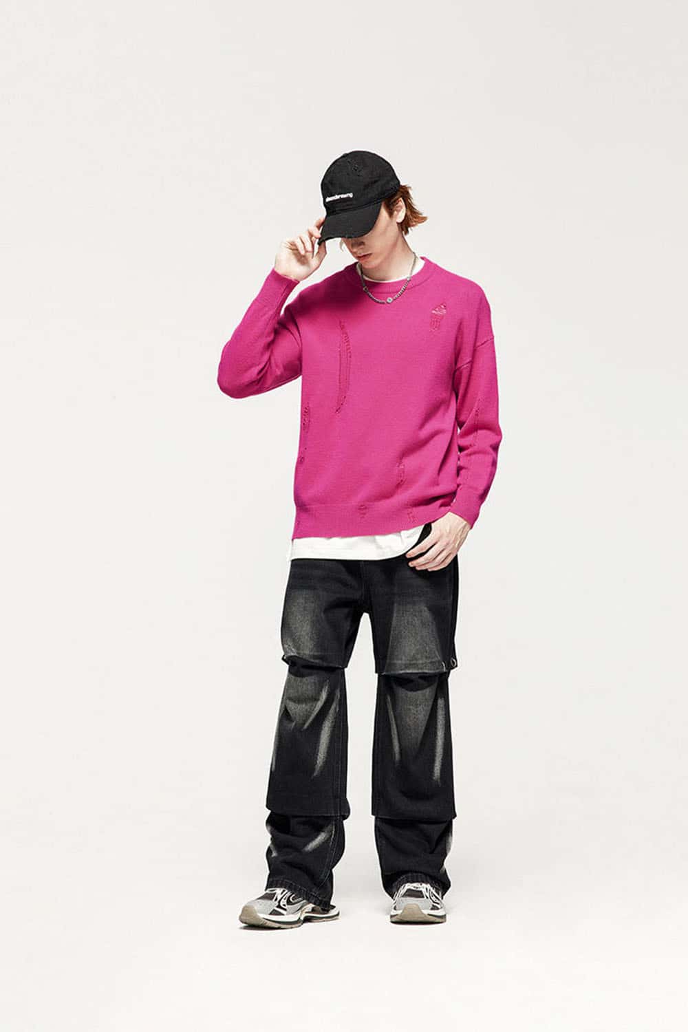 Distressed Washed Stretch-Knit Sweater in Pink - full-length front modeled view