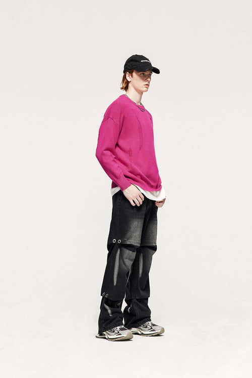 Distressed Washed Stretch-Knit Sweater in Pink - side product view