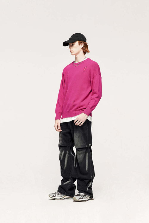Distressed Washed Stretch-Knit Sweater in Pink - full-length front modeled view