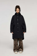 Waterproof Hooded Fishtail Utility Parka in Black - full-length front modeled view