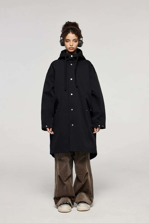 Waterproof Hooded Fishtail Utility Parka in Black - full-length front modeled view