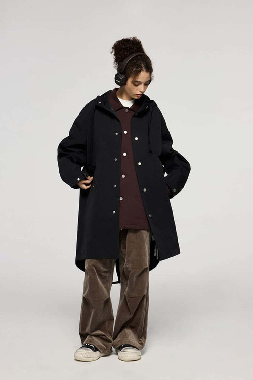 Waterproof Hooded Fishtail Utility Parka in Black - product detail close-up