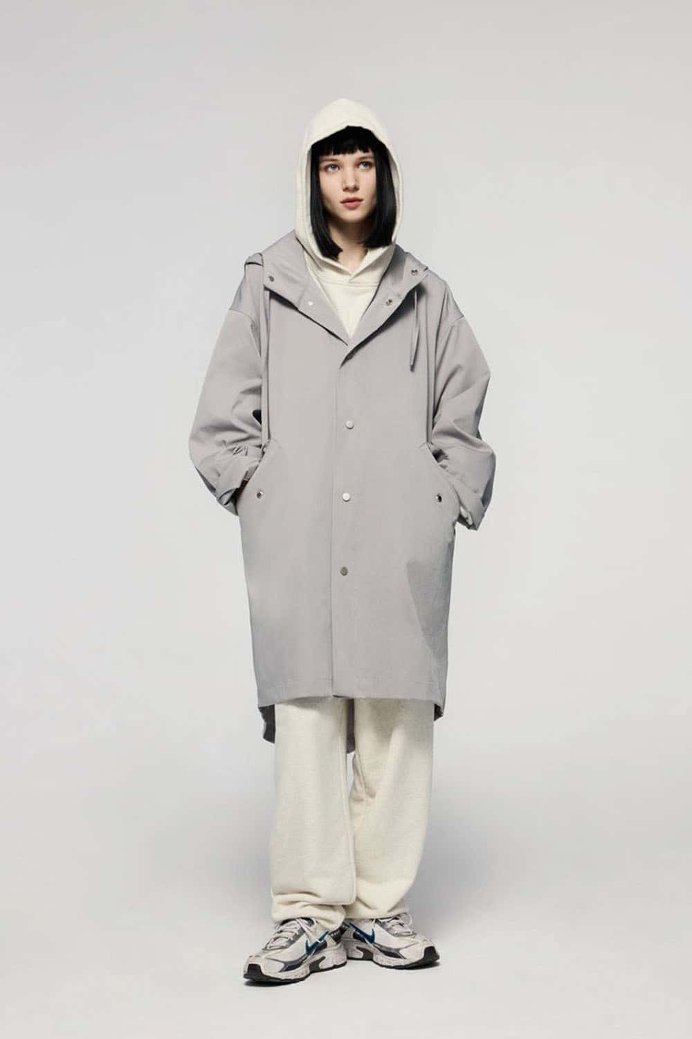 Waterproof Hooded Fishtail Utility Parka in Gray - full-length front modeled view