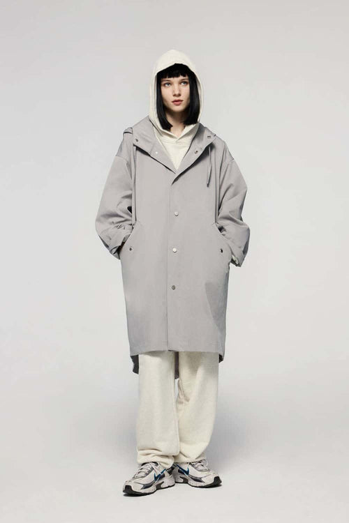 Waterproof Hooded Fishtail Utility Parka in Gray - full-length front modeled view
