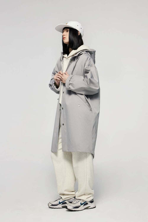 Waterproof Hooded Fishtail Utility Parka in Gray - full-length front modeled view