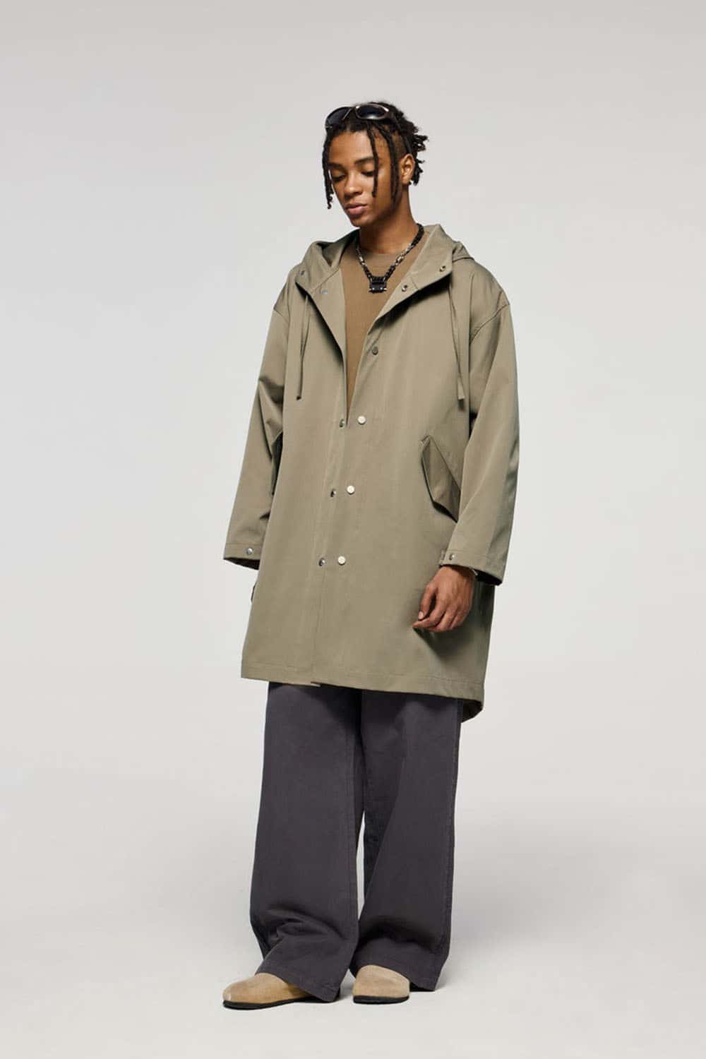 Waterproof Hooded Fishtail Utility Parka in Green - full-length front modeled view