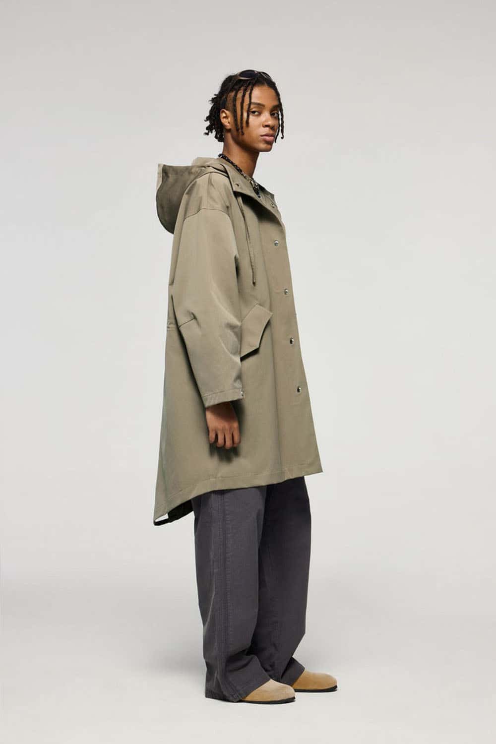 Waterproof Hooded Fishtail Utility Parka in Green - full-length side modeled view