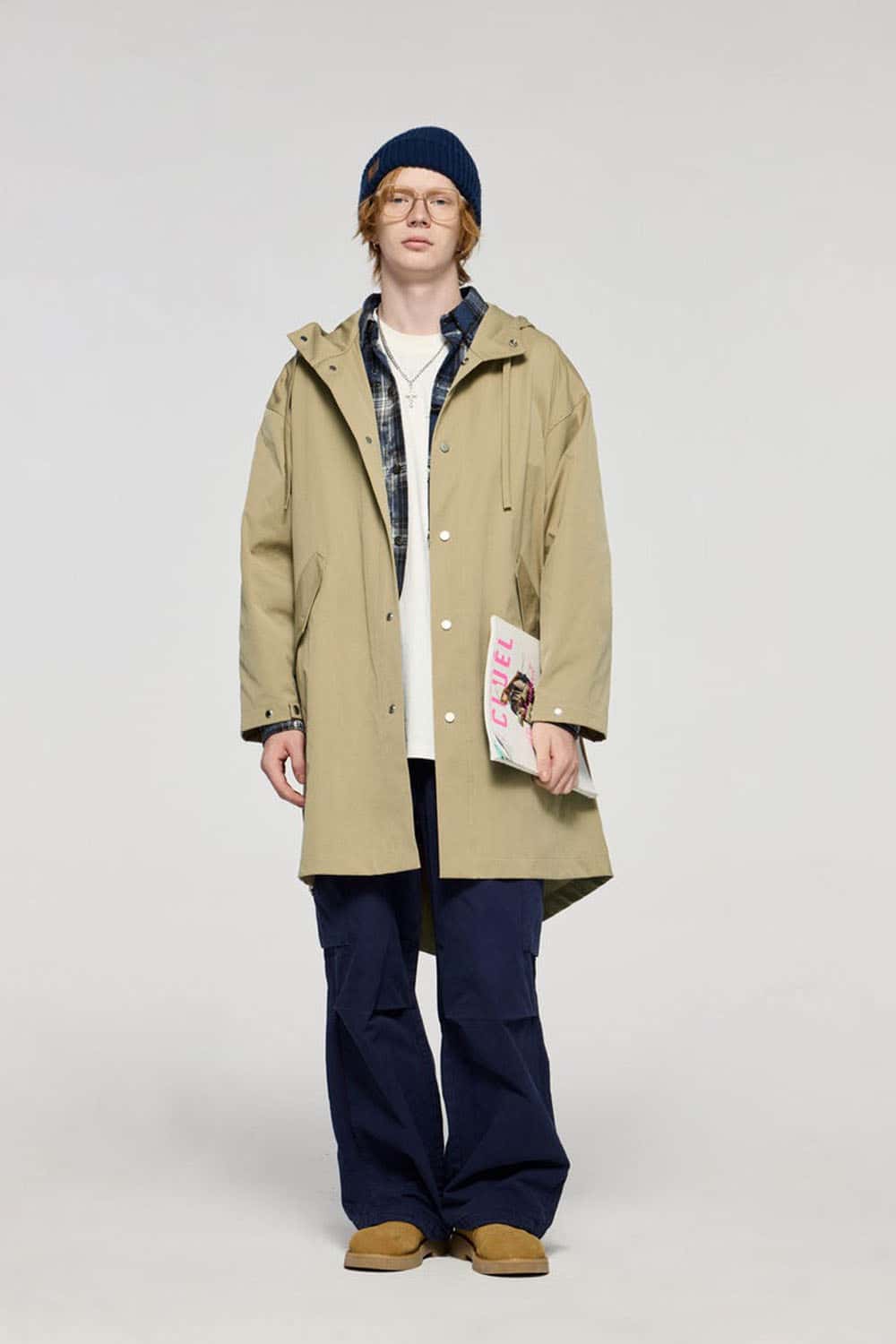 Waterproof Hooded Fishtail Utility Parka in Khaki - full-length front modeled view