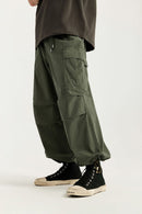 Vintage Washed Wide-Leg Cargo Pants - Military Green