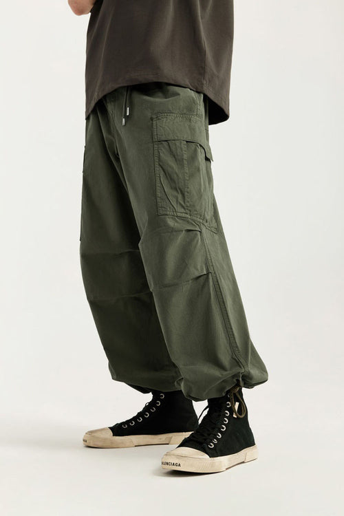 Vintage Washed Wide-Leg Cargo Pants - Military Green