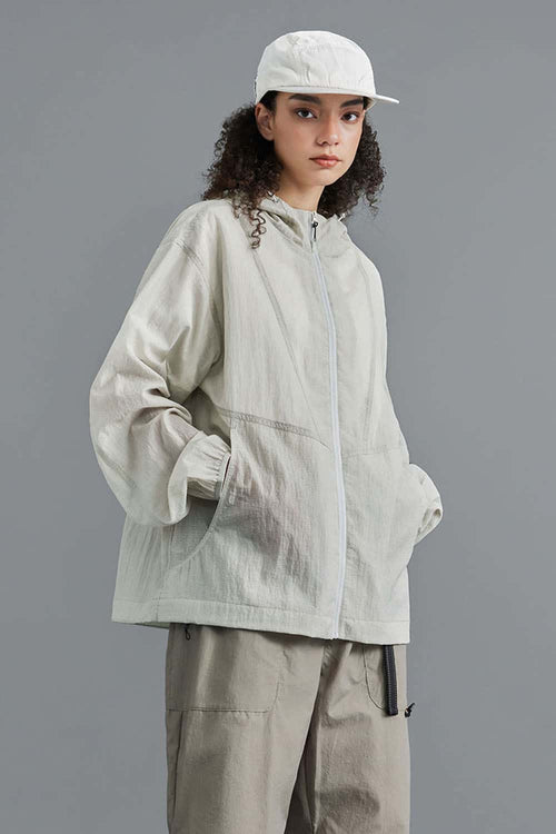 Lightweight Durable Nylon Hooded Utility Jacket in White - front modeled view