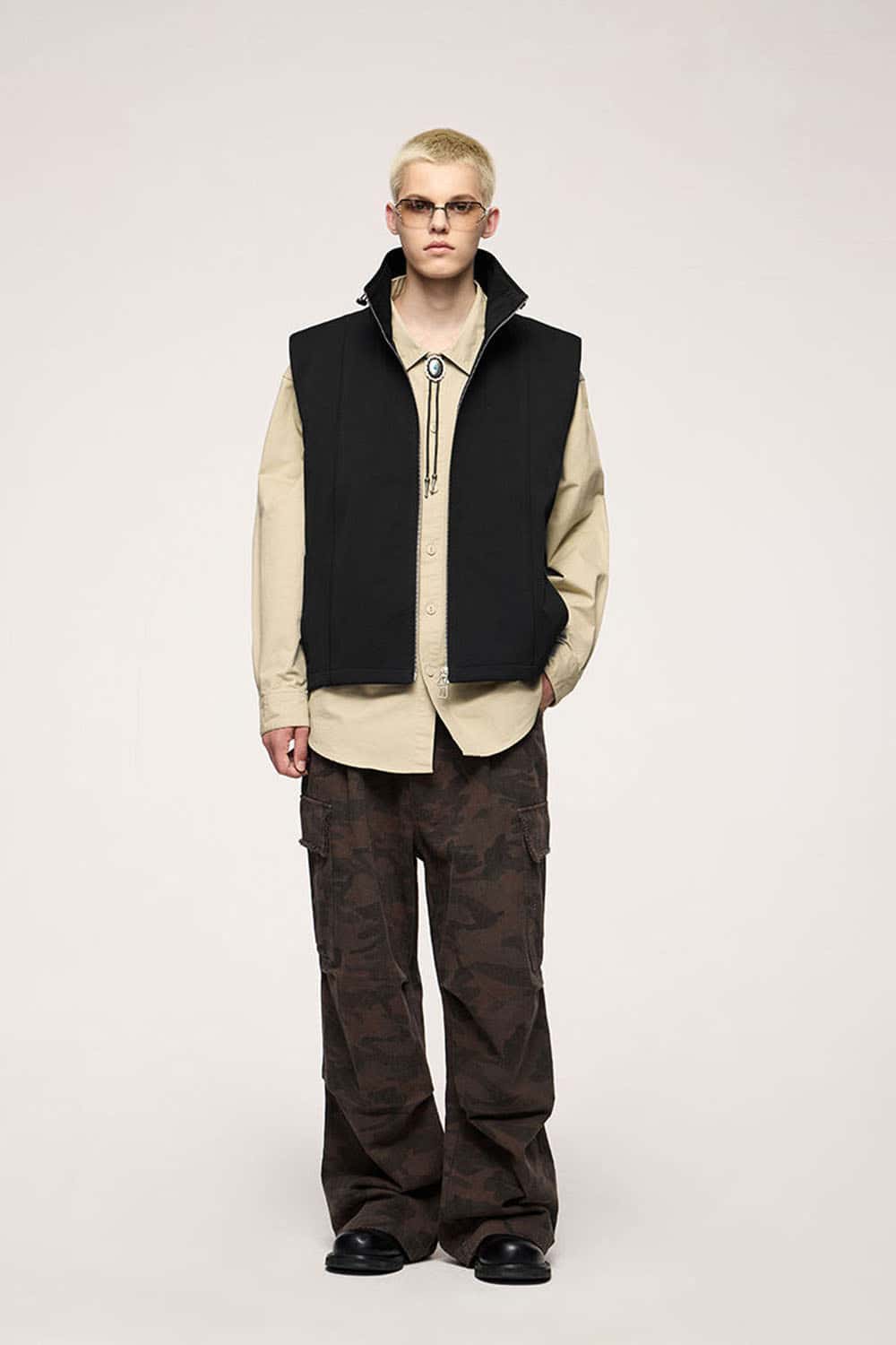 Two-Way Zip Drawcord Stand-Collar Utility Vest in Black - front modeled view