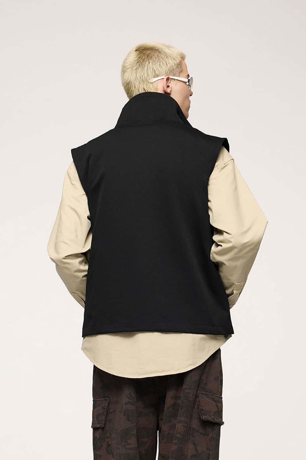 Two-Way Zip Drawcord Stand-Collar Utility Vest in Black - back modeled view