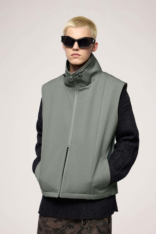 Two-Way Zip Drawcord Stand-Collar Utility Vest in Gray - front modeled view