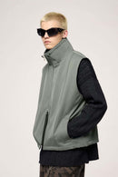 Two-Way Zip Drawcord Stand-Collar Utility Vest in Gray - three-quarter front modeled view