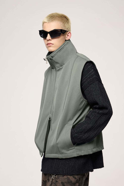 Two-Way Zip Drawcord Stand-Collar Utility Vest in Gray - three-quarter front modeled view