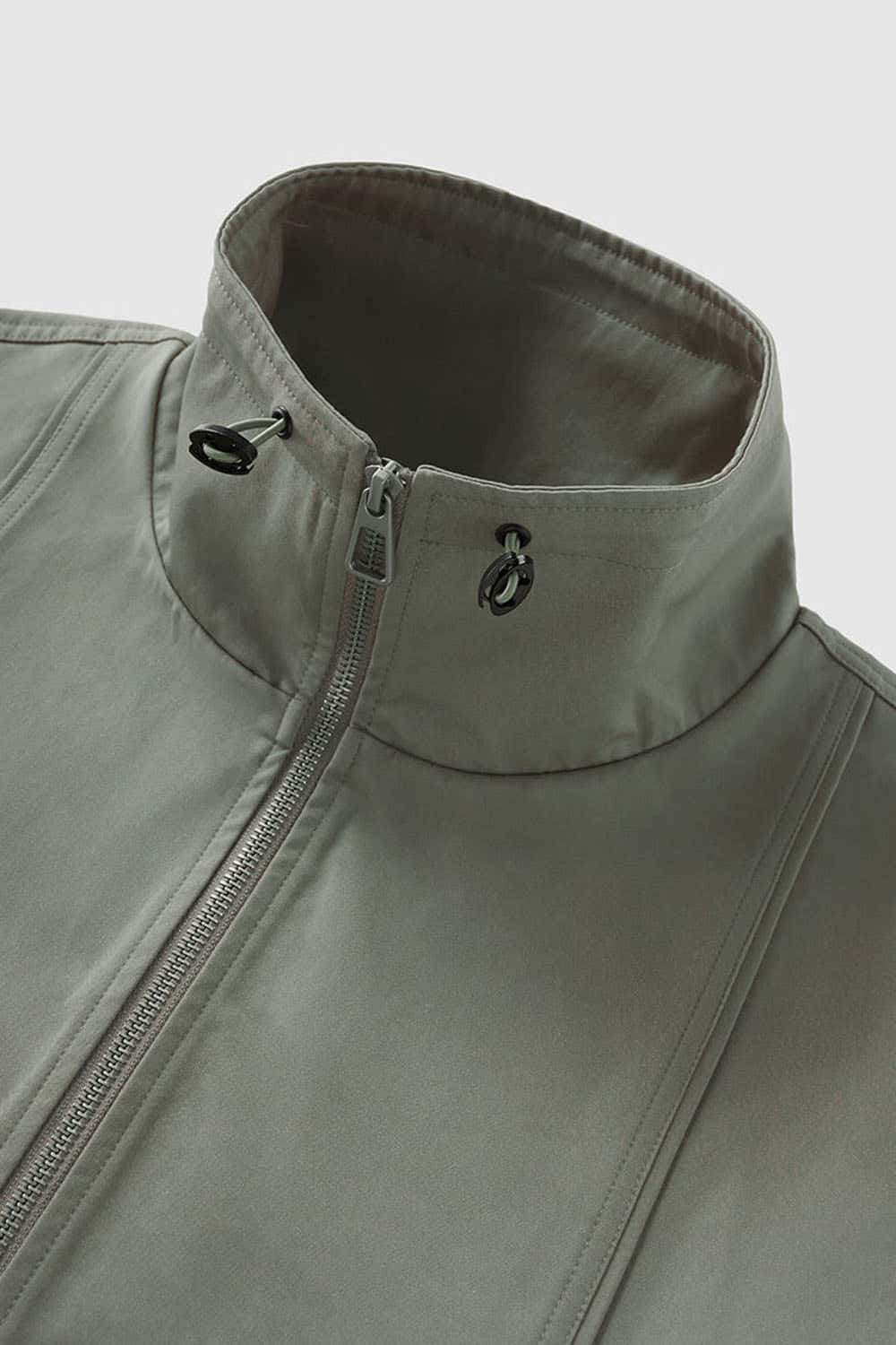 Two-Way Zip Drawcord Stand-Collar Utility Vest in Gray - collar detail