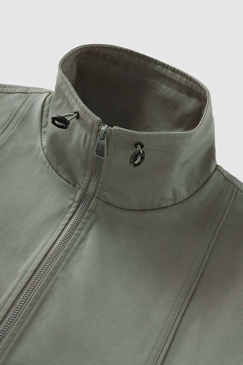 Two-Way Zip Drawcord Stand-Collar Utility Vest in Gray - collar detail