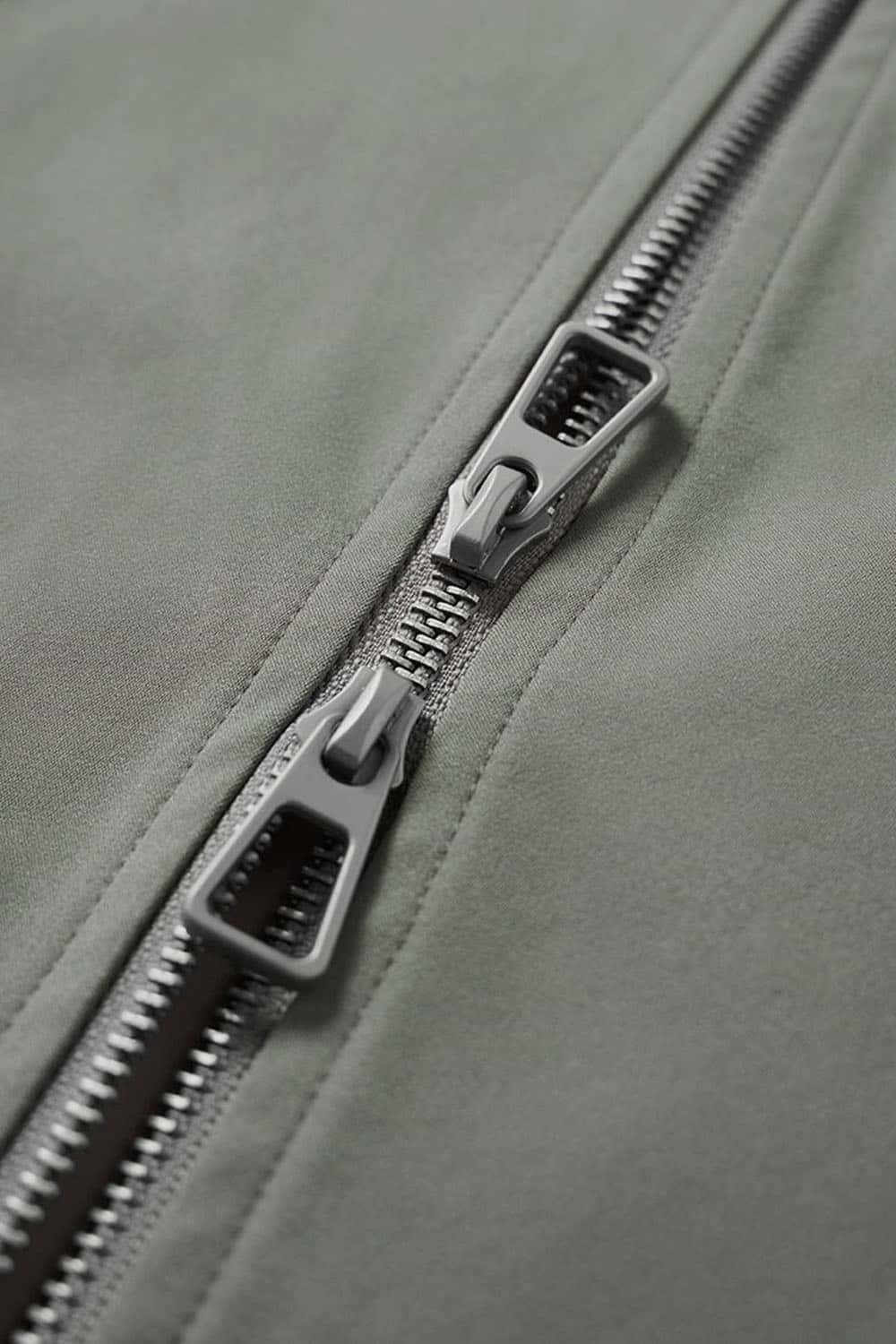 Two-Way Zip Drawcord Stand-Collar Utility Vest in Gray - zipper detail