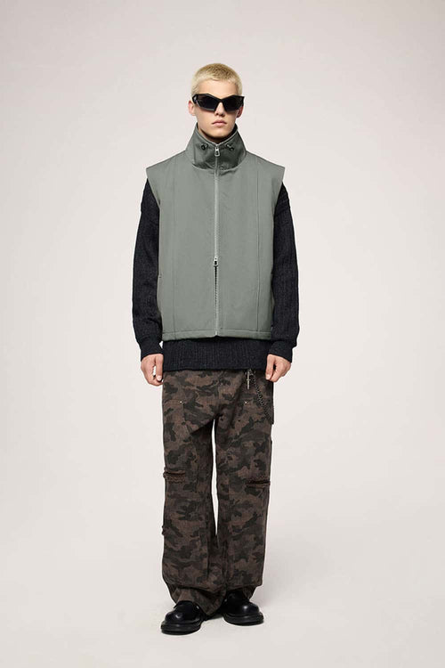 Two-Way Zip Drawcord Stand-Collar Utility Vest in Gray - front modeled view