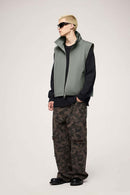 Two-Way Zip Drawcord Stand-Collar Utility Vest in Gray - three-quarter front modeled view