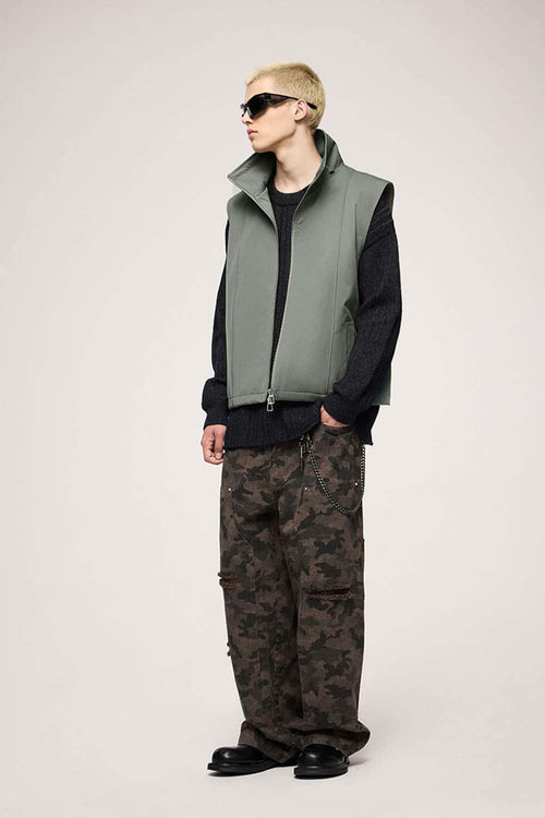 Two-Way Zip Drawcord Stand-Collar Utility Vest in Gray - three-quarter front modeled view