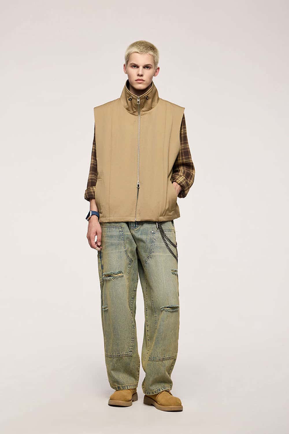 Two-Way Zip Drawcord Stand-Collar Utility Vest in Khaki - front modeled view