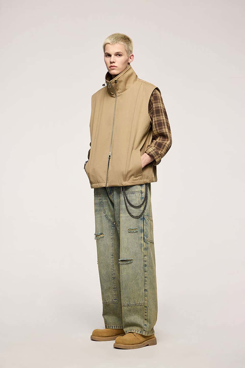 Two-Way Zip Drawcord Stand-Collar Utility Vest in Khaki - front modeled view