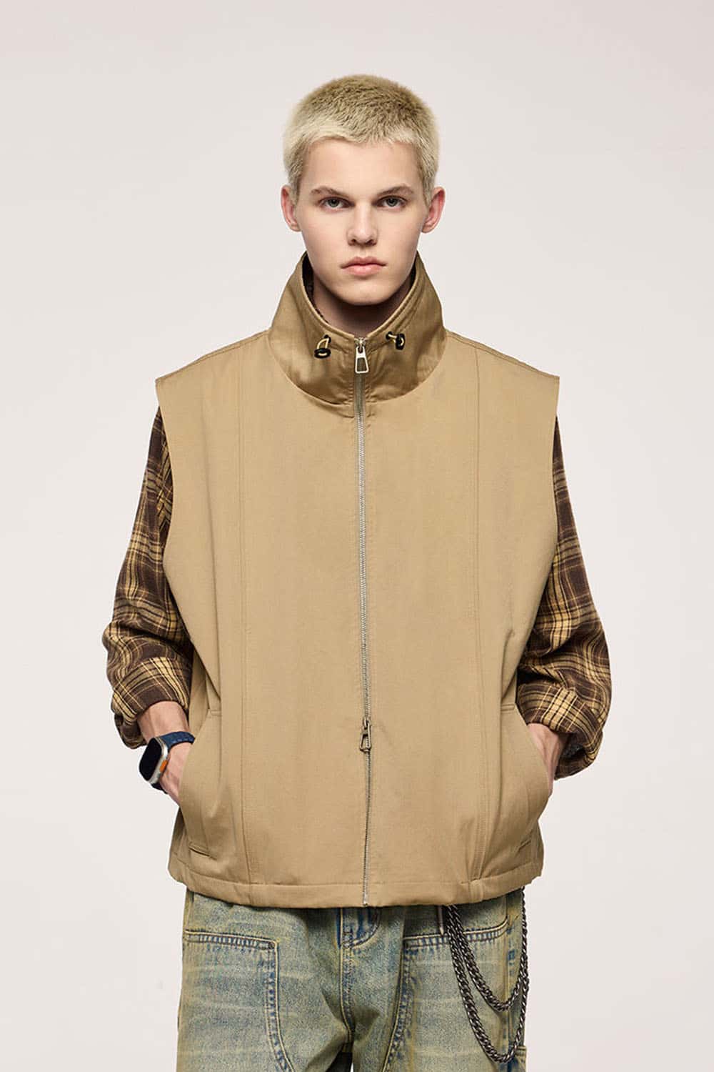 Two-Way Zip Drawcord Stand-Collar Utility Vest in Khaki - front modeled view