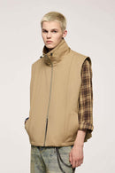 Two-Way Zip Drawcord Stand-Collar Utility Vest in Khaki - front modeled view