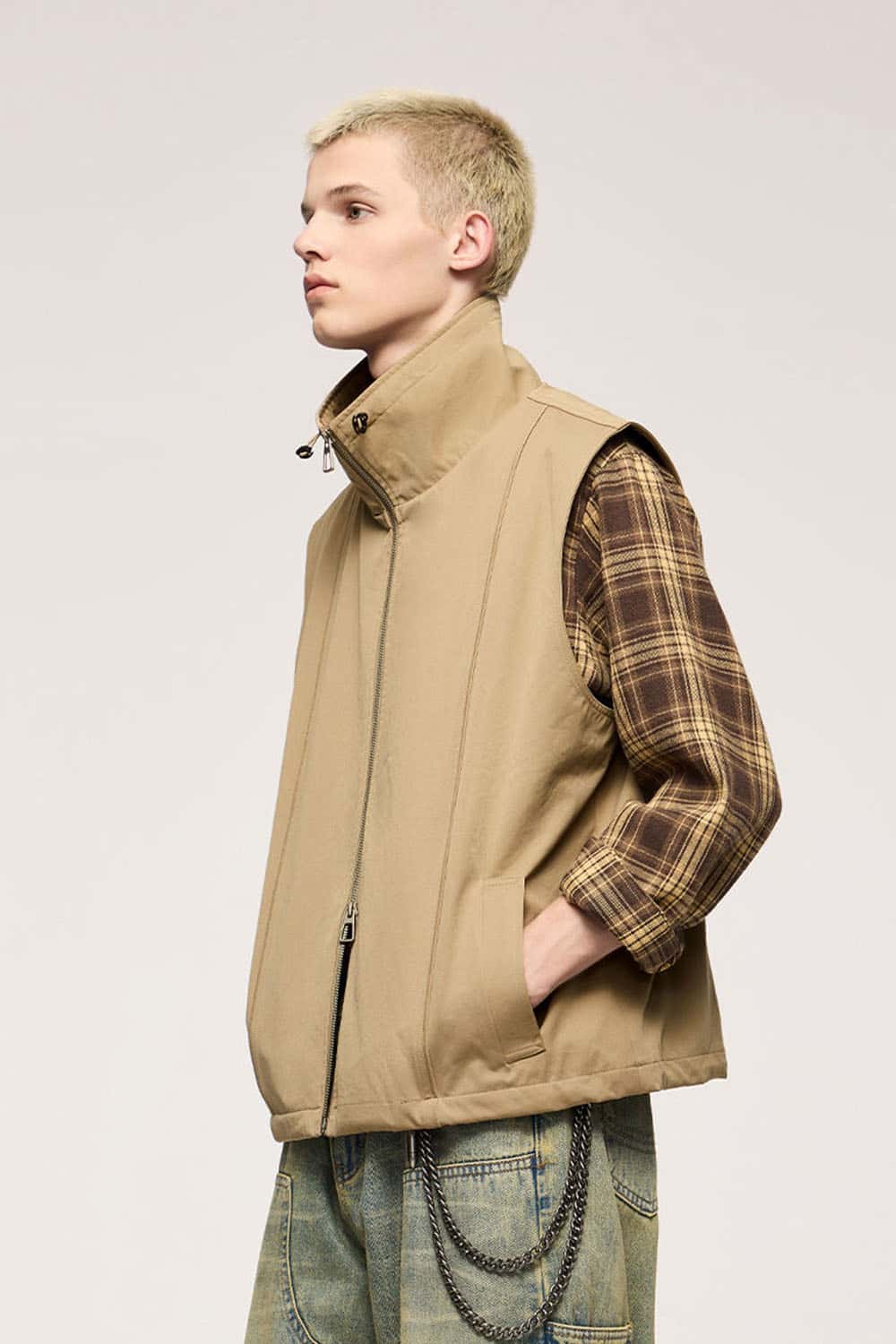 Two-Way Zip Drawcord Stand-Collar Utility Vest in Khaki - three-quarter front modeled view