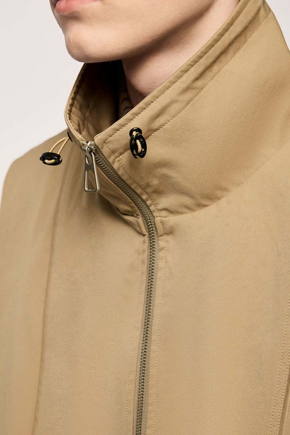 Two-Way Zip Drawcord Stand-Collar Utility Vest in Khaki - collar detail