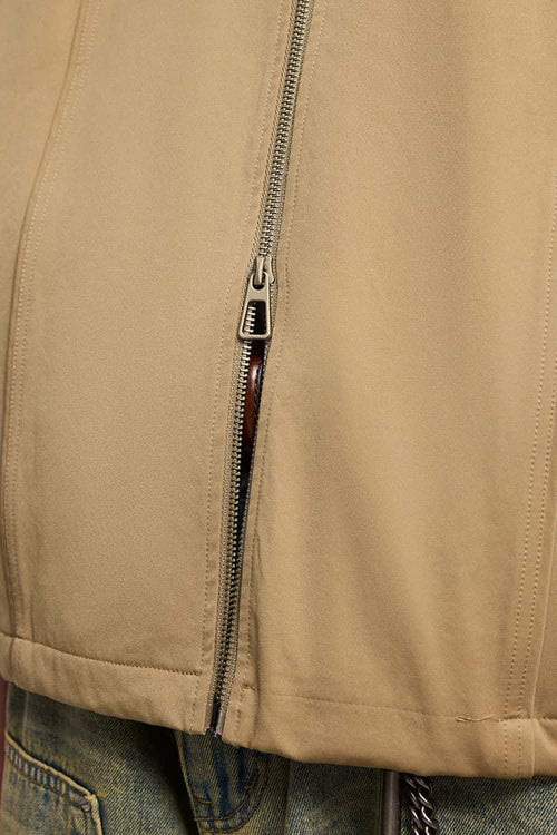 Two-Way Zip Drawcord Stand-Collar Utility Vest in Khaki - zipper detail