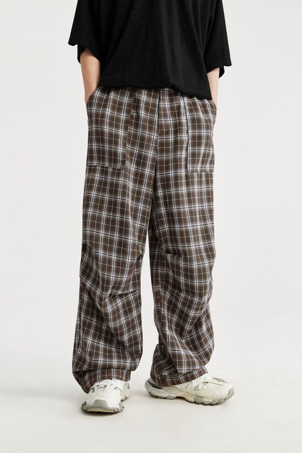 Men's Plaid Parachute Wide-Leg Cargo Pants