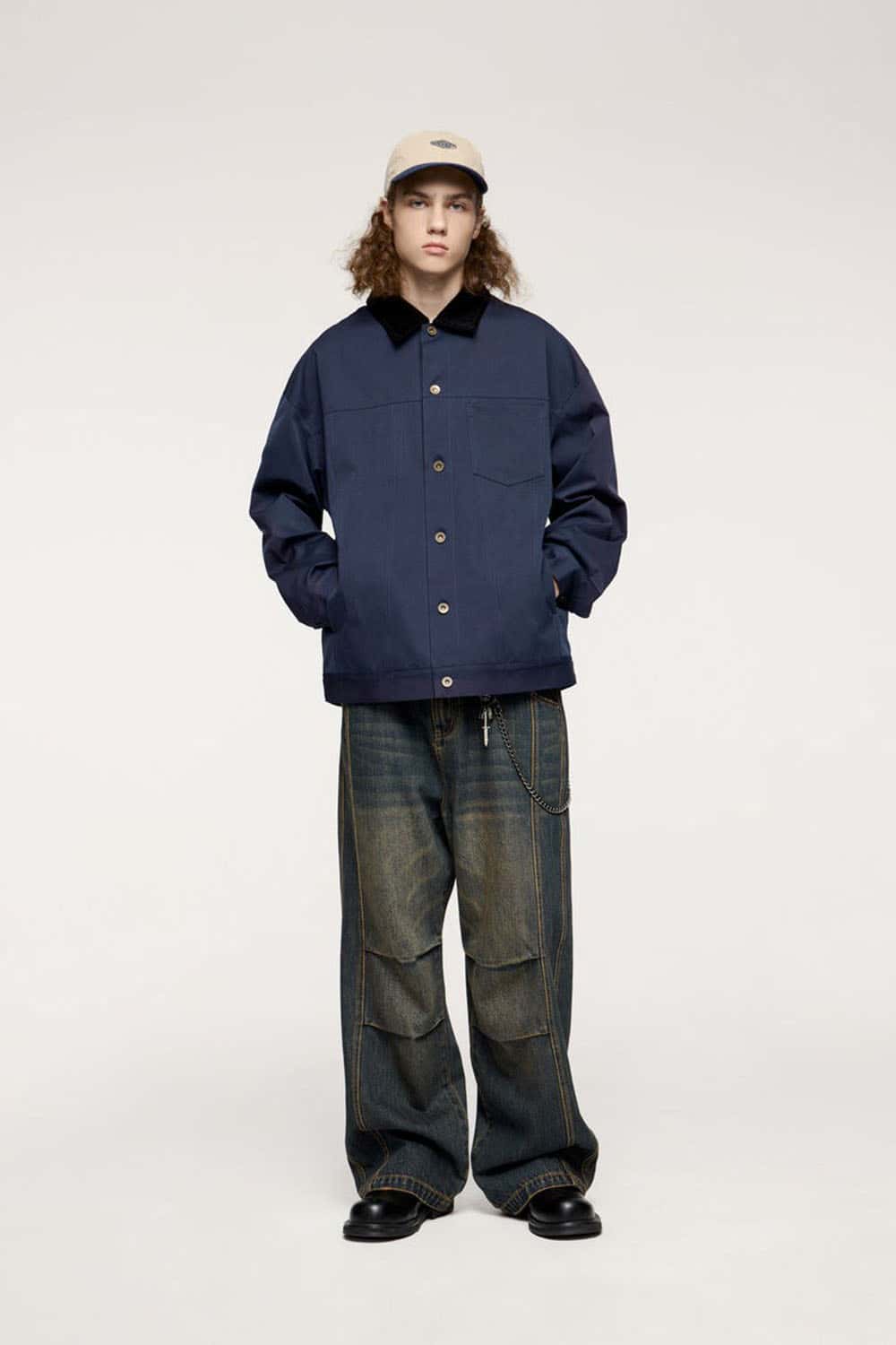 Corduroy-Collar Snap-Front Utility Jacket in Blue - full-length front modeled view