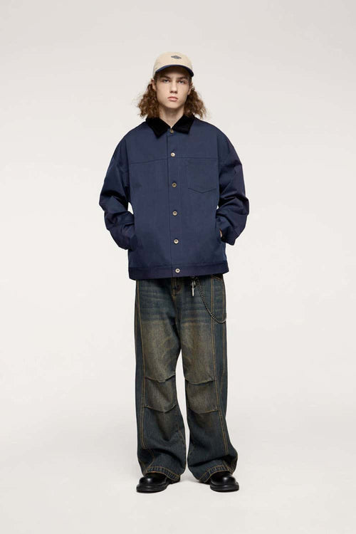 Corduroy-Collar Snap-Front Utility Jacket in Blue - full-length front modeled view