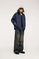 Corduroy-Collar Snap-Front Utility Jacket in Blue - full-length front modeled view