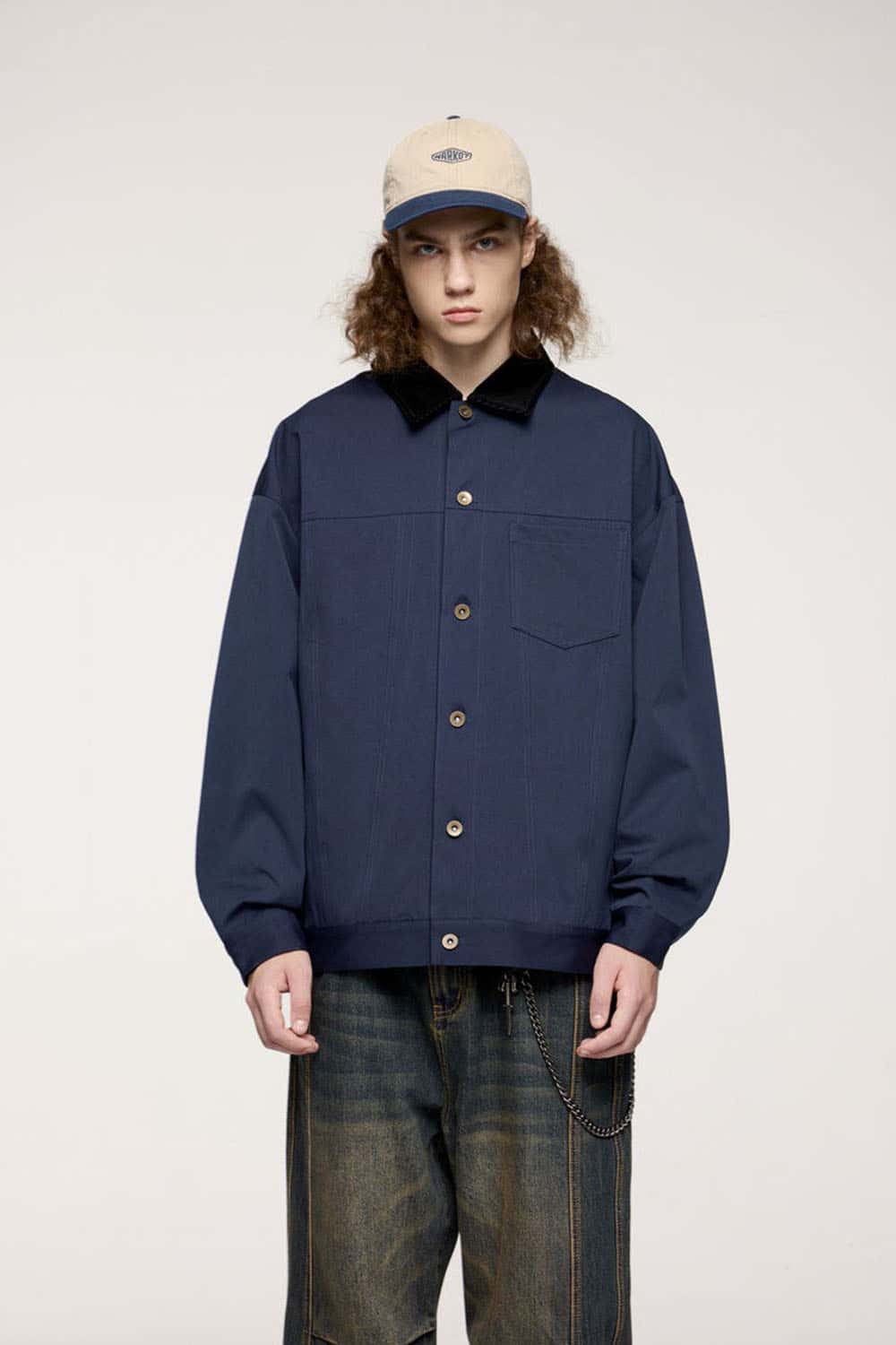 Corduroy-Collar Snap-Front Utility Jacket in Blue - front modeled view