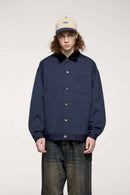 Corduroy-Collar Snap-Front Utility Jacket in Blue - front modeled view