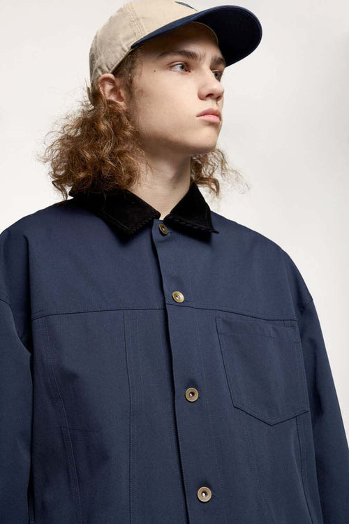 Corduroy-Collar Snap-Front Utility Jacket in Blue - collar detail