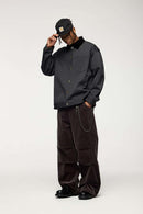 Corduroy-Collar Snap-Front Utility Jacket in Dark Gray - full-length front modeled view