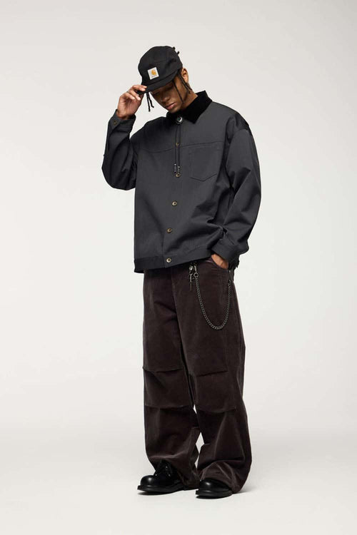Corduroy-Collar Snap-Front Utility Jacket in Dark Gray - full-length front modeled view