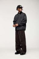 Corduroy-Collar Snap-Front Utility Jacket in Dark Gray - full-length front modeled view