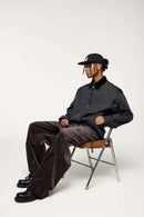 Corduroy-Collar Snap-Front Utility Jacket in Dark Gray - full-length front modeled view